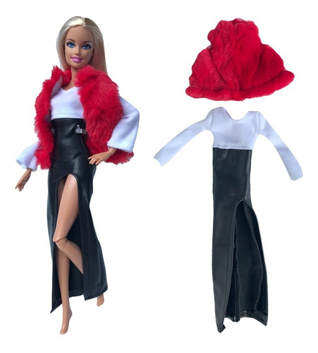 Kit Roupa C/ Vestido Em Couro Para Boneca Barbie 4 Pçs